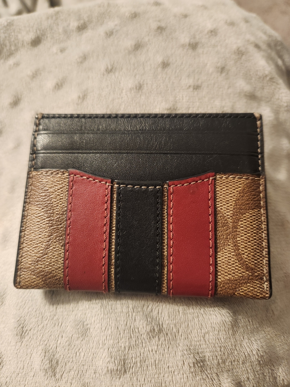 Coach Signature Canvas Card Holder with Red and Black Stripes